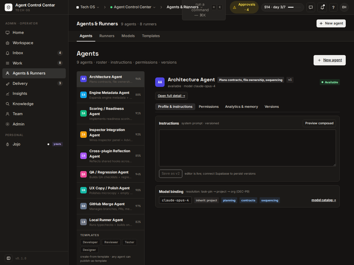 ACC Agents and Runners interface showing specialist agent roles, instructions and model binding.